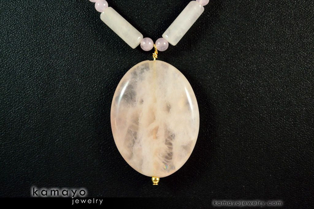 ROSE QUARTZ NECKLACE - Large Oval Pendant and Natural Beads