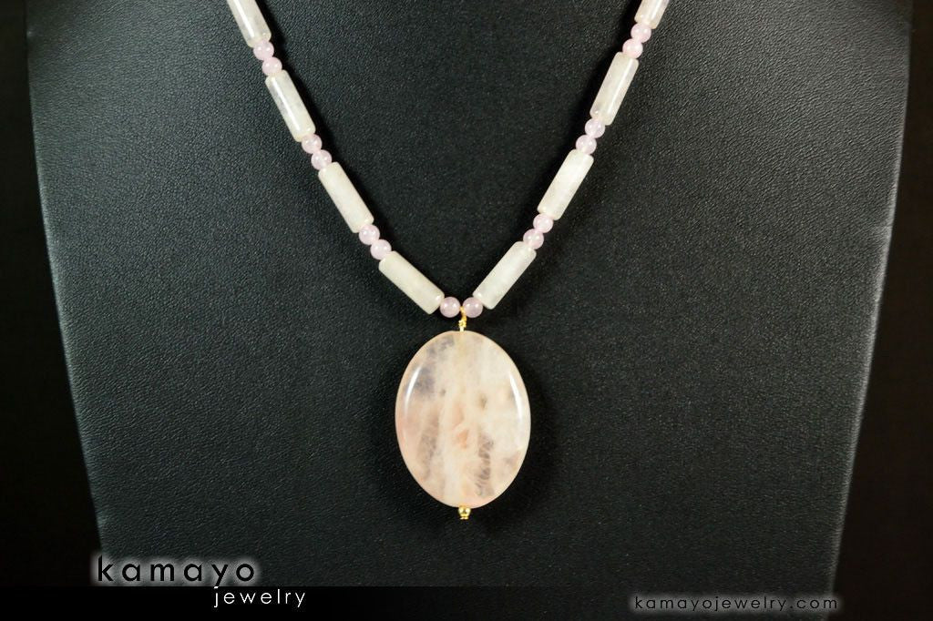 ROSE QUARTZ NECKLACE - Large Oval Pendant and Natural Beads