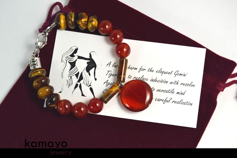GEMINI BRACELET - Red Agate Pendant and Tiger Eye Beads