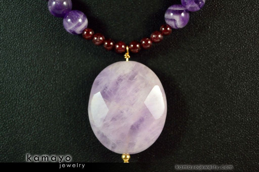 AQUARIUS NECKLACE - Amethyst Pendant and Red Garnet Beads