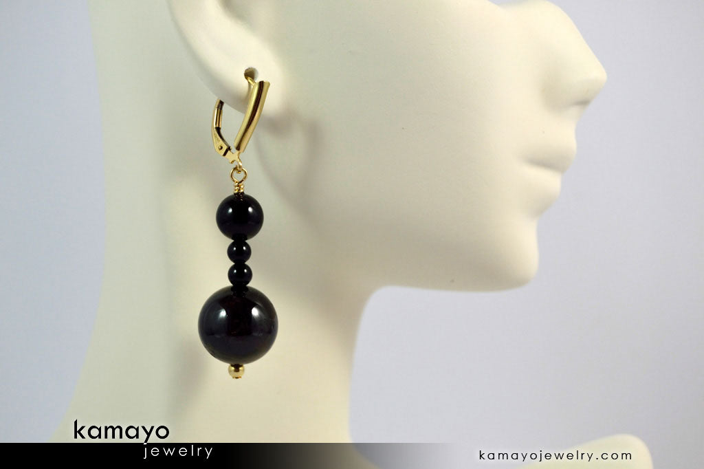 CAPRICORN EARRINGS - Large Dark Red Garnet Ball and Small Black Onyx Beads