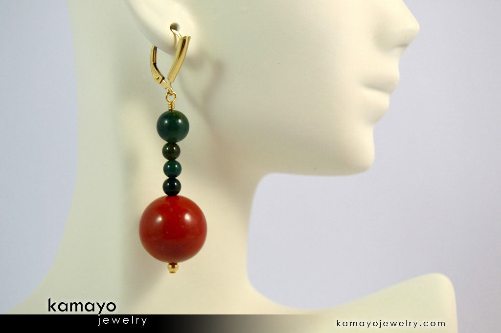 ARIES EARRINGS - Large Red Jasper Ball and Small Green Jasper Beads