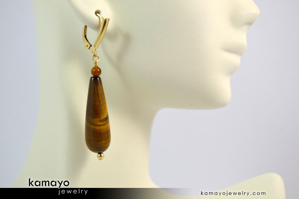 TIGER EYE EARRINGS - Long Drop Ear Rings for Women