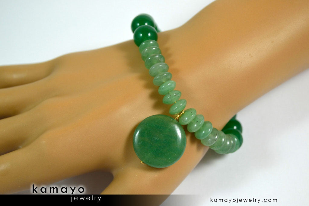 GREEN AVENTURINE BRACELET - Coin Pendant and Dark Green Beads