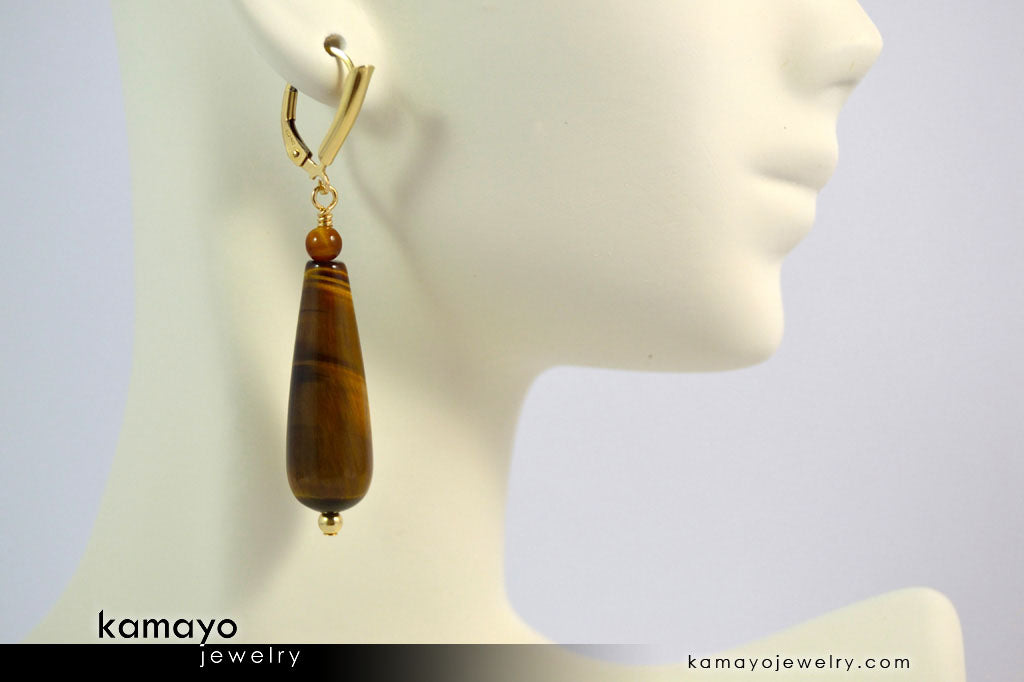 TIGER EYE EARRINGS - Long Drop Ear Rings for Women