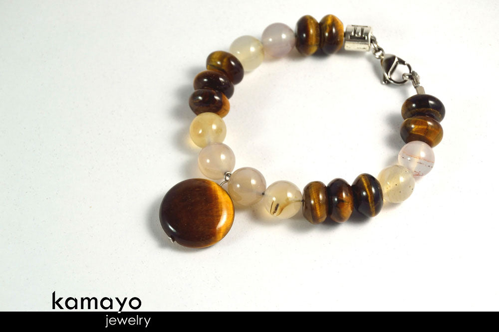 GEMINI BRACELET - Tiger Eye Pendant and Grey Agate Beads
