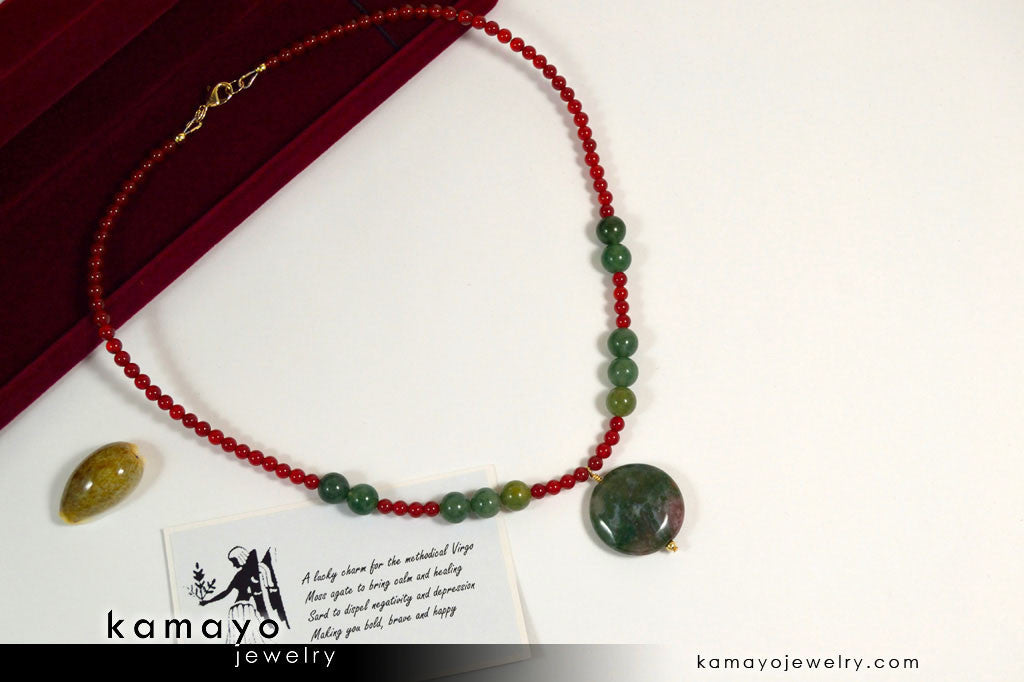 VIRGO NECKLACE - Moss Agate Pendant and Sard Beads