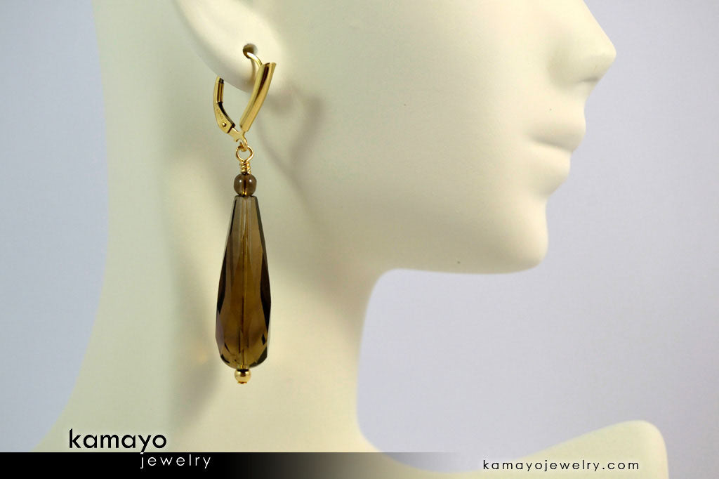 SMOKY QUARTZ EARRINGS - Long Drop Ear Rings for Women