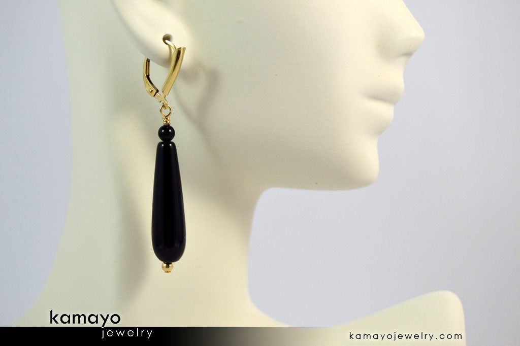 BLACK ONYX EARRINGS - Long Drop Ear Rings for Women