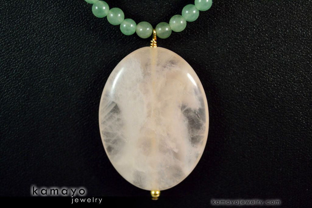 TAURUS NECKLACE - Large Rose Quartz Pendant and Green Aventurine Beads
