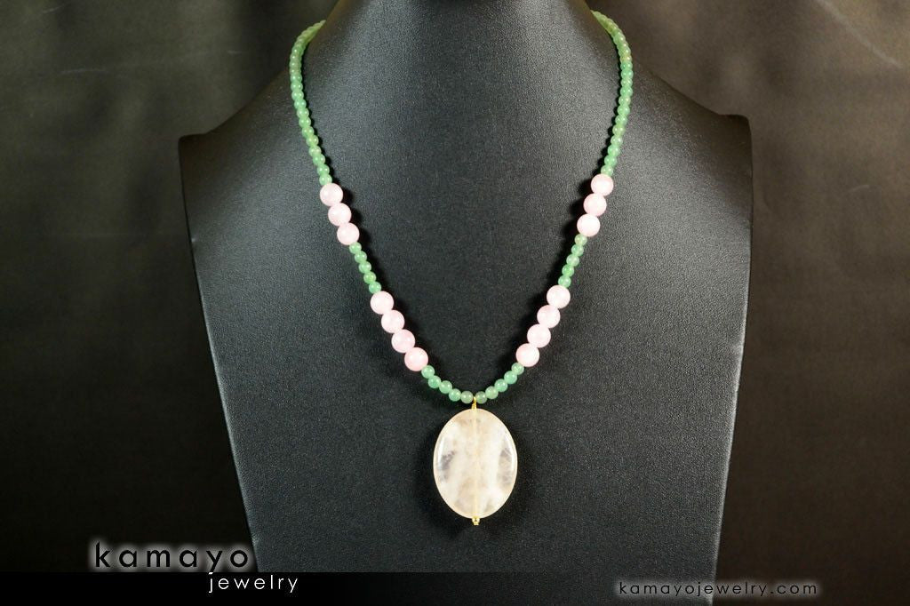TAURUS NECKLACE - Large Rose Quartz Pendant and Green Aventurine Beads