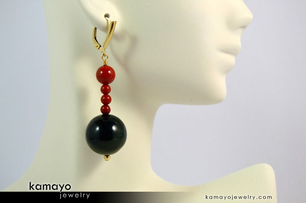 ARIES EARRINGS - Large Green Jasper Ball and Small Red Jasper Beads