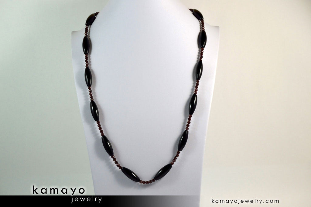 CAPRICORN OPERA NECKLACE - Large Rice Black Onyx Beads and Red Garnet
