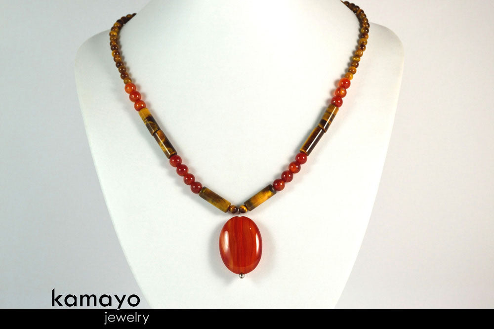 GEMINI NECKLACE - Oval Red Agate Pendant and Tiger Eye Beads