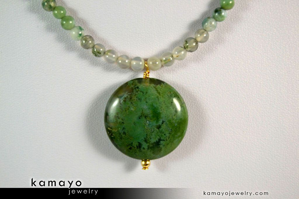 GREEN MOSS AGATE NECKLACE - Coin Pendant and Round Beads