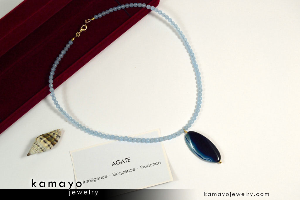 BLUE AGATE NECKLACE - Long Oval Blue Agate Pendant