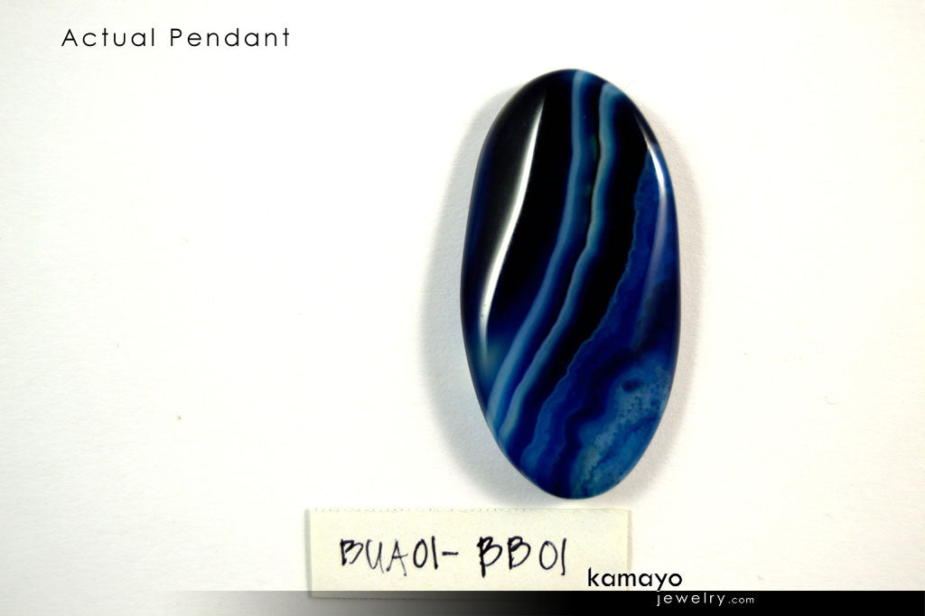 BLUE AGATE NECKLACE - Long Oval Blue Agate Pendant