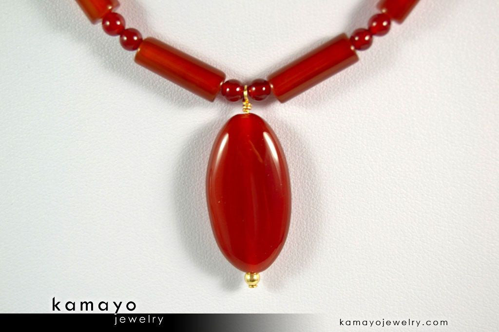 SARD (CARNELIAN) NECKLACE - Oval Pendant and Column Beads