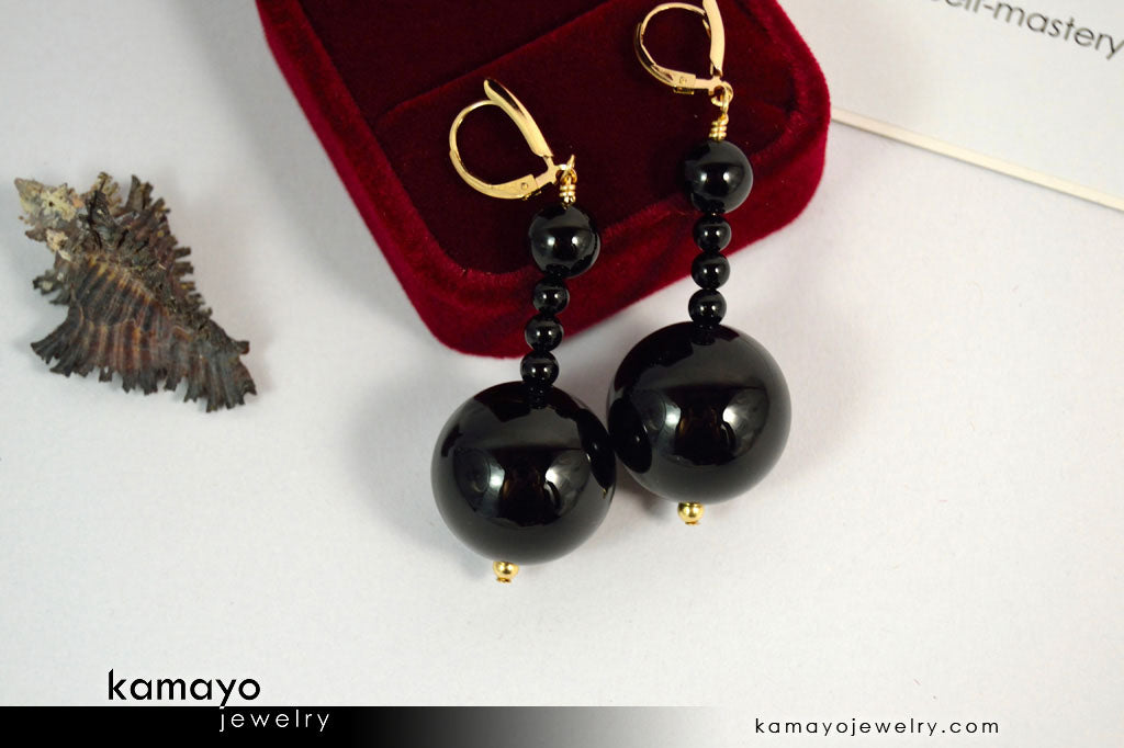 BLACK ONYX EARRINGS - Beaded Dangle Ear Rings for Women