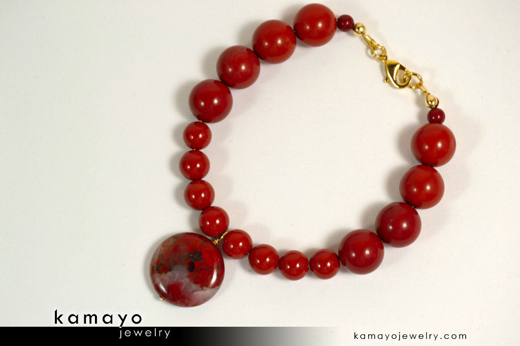 RED JASPER BRACELET - Coin Pendant and Round Beads