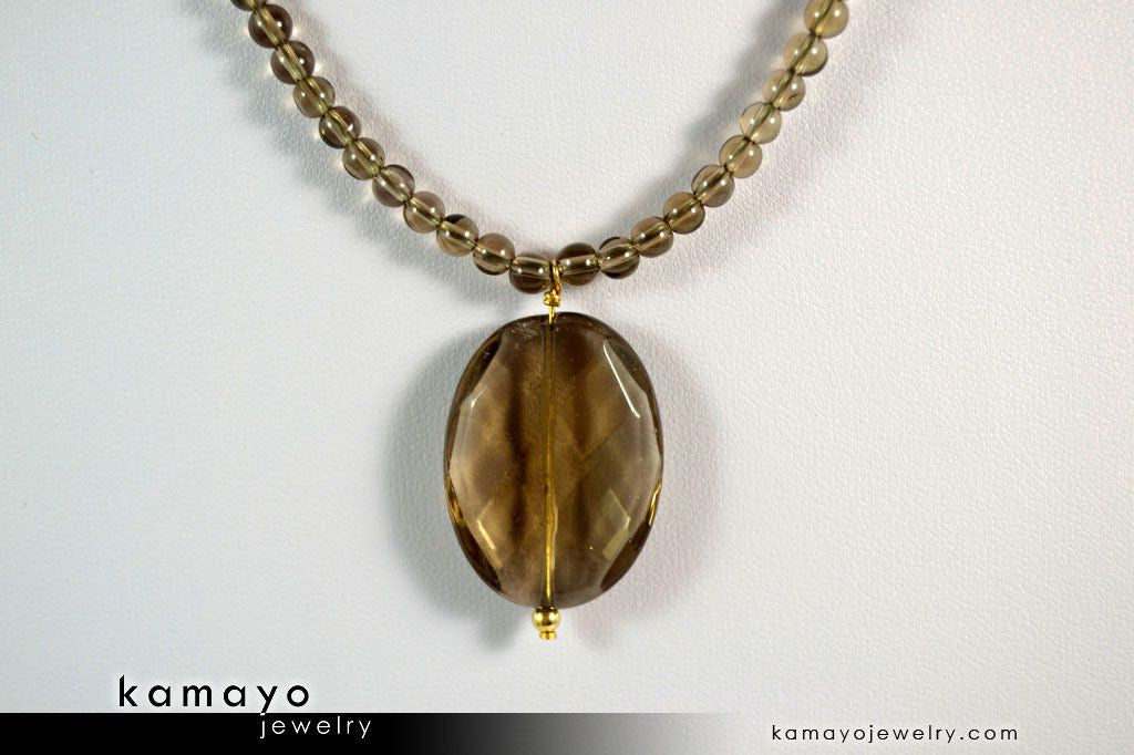 SMOKY QUARTZ NECKLACE - Faceted Oval Pendant and Round Beads