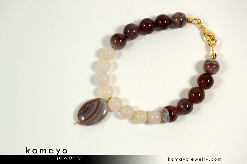 BOTSWANA AGATE BRACELET - Grey Botswana Agate Pendant and Round Beads