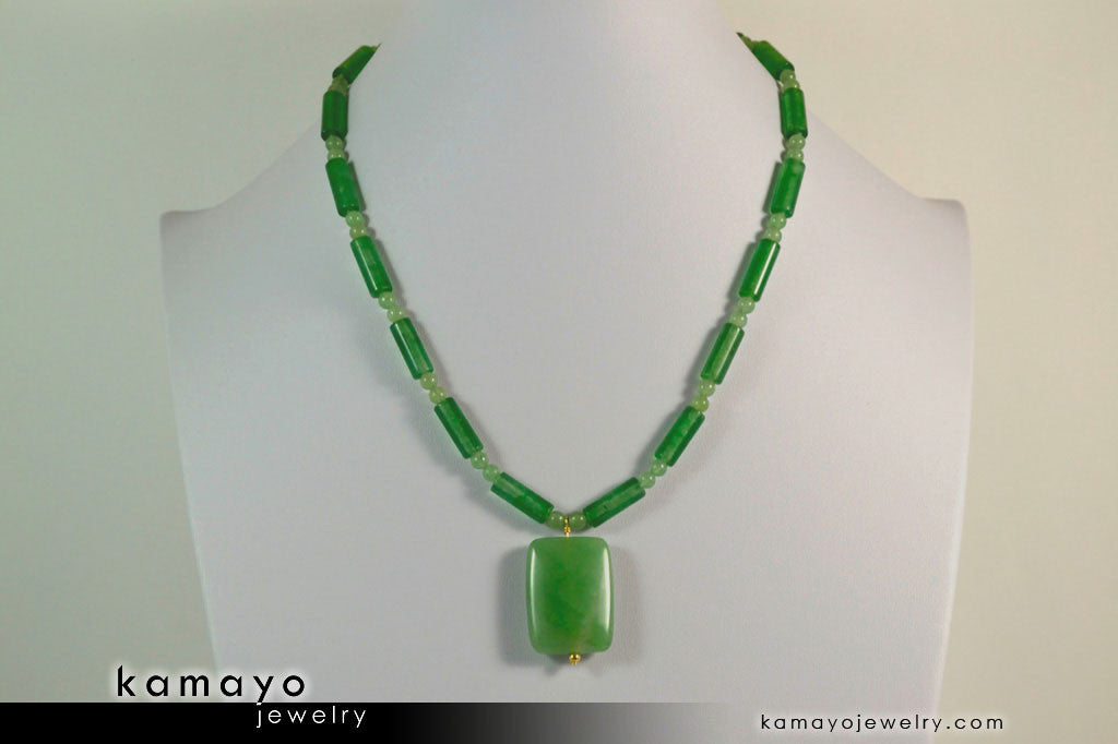 GREEN AVENTURINE NECKLACE - Rectangle Aventurine Pendant and Round Beads