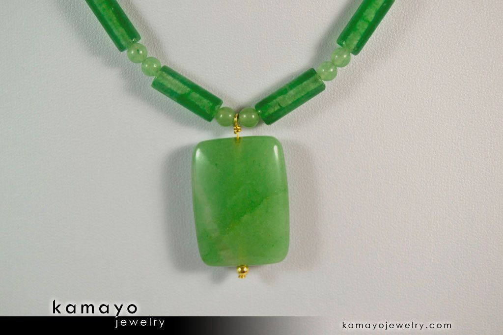 GREEN AVENTURINE NECKLACE - Rectangle Aventurine Pendant and Round Beads