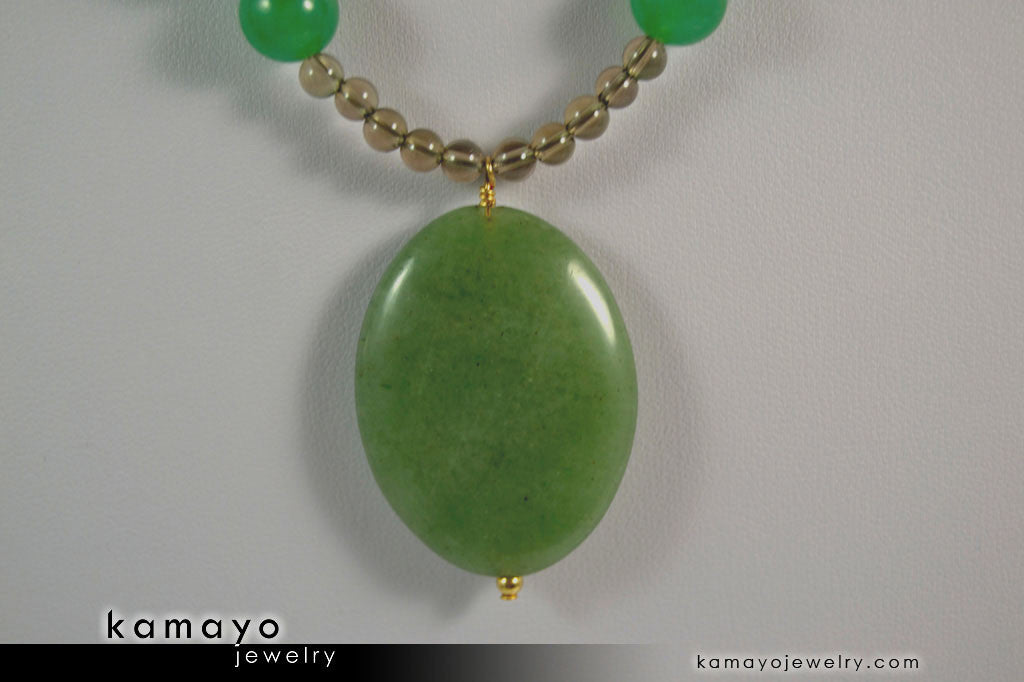 LIBRA NECKLACE - Large Green Aventurine Pendant and Smoky Quartz Beads