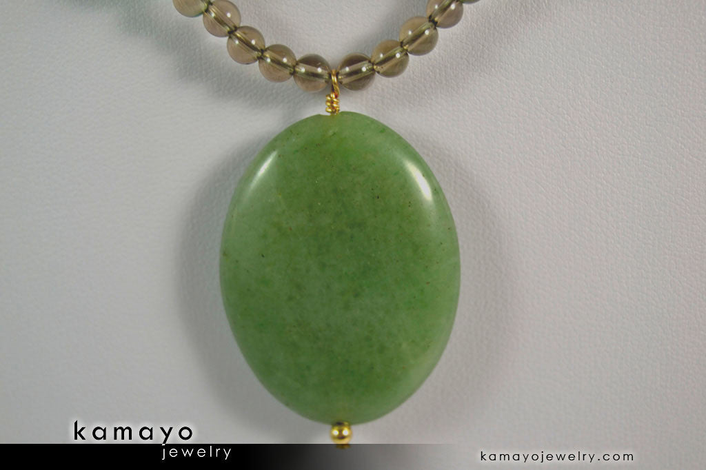 LIBRA NECKLACE - Large Green Aventurine Pendant and Smoky Quartz Beads