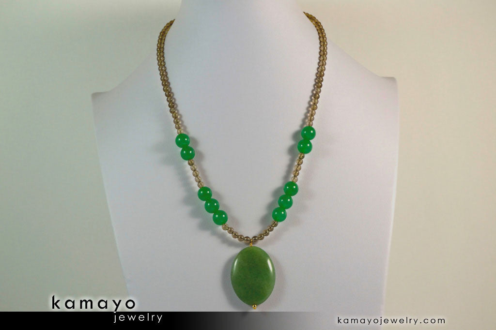 LIBRA NECKLACE - Large Green Aventurine Pendant and Smoky Quartz Beads