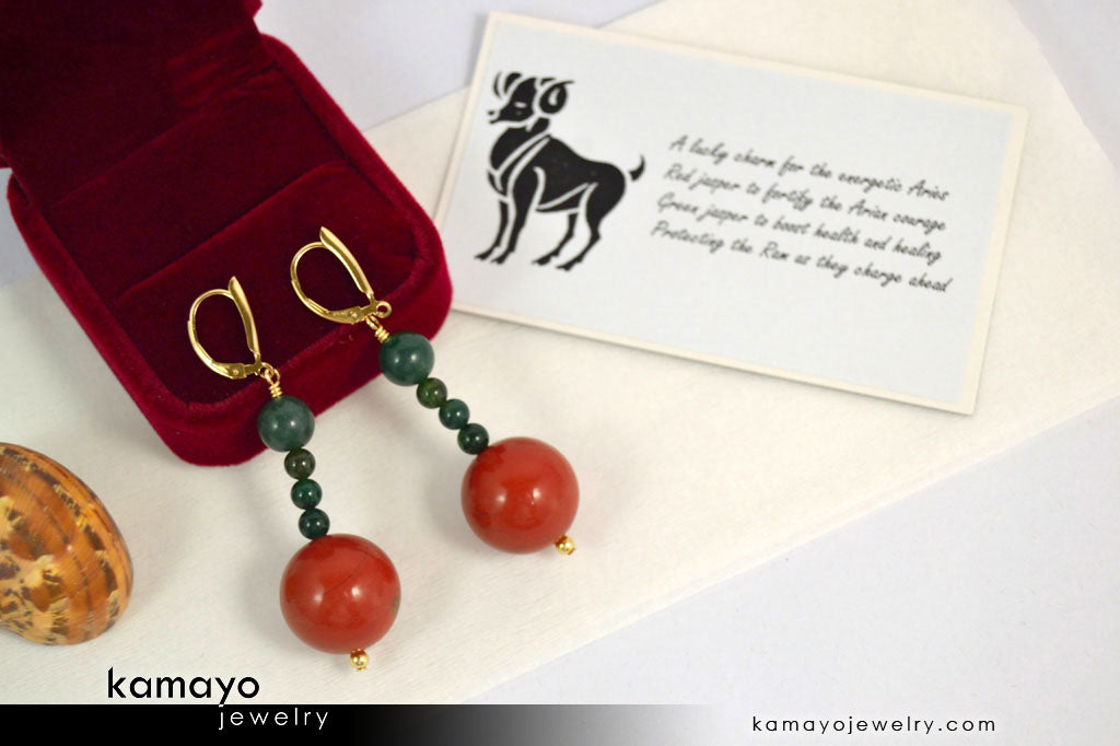 ARIES EARRINGS - Large Red Jasper Ball and Small Green Jasper Beads