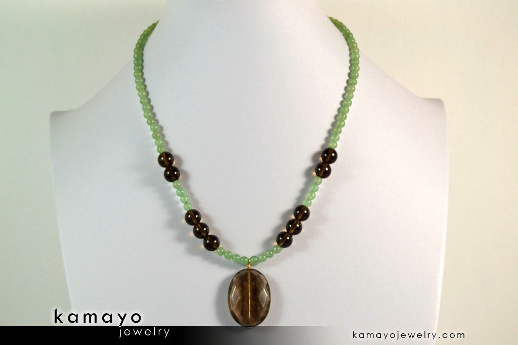 LIBRA NECKLACE - Smoky Quartz Pendant and Green Aventurine Beads