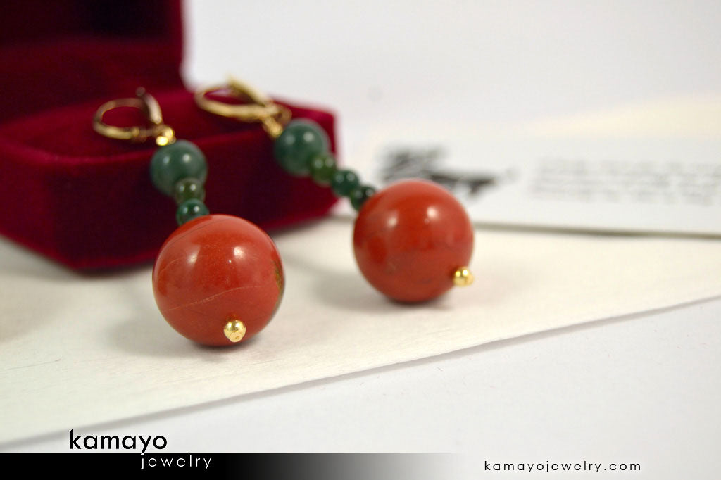 ARIES EARRINGS - Large Red Jasper Ball and Small Green Jasper Beads