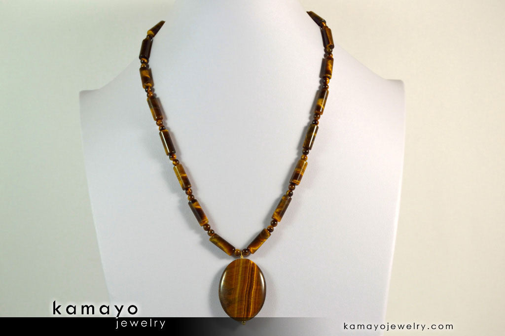 TIGER EYE NECKLACE - Large Oval Yellow Pendant and Golden Beads