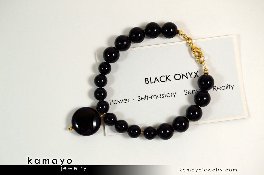 BLACK ONYX BRACELET - Coin Pendant and Round Beads