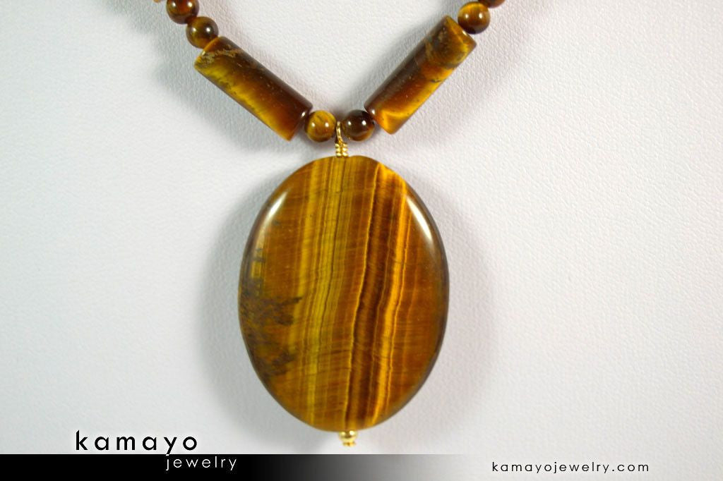TIGER EYE NECKLACE - Large Oval Yellow Pendant and Golden Beads