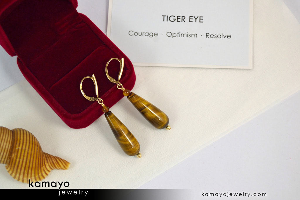 TIGER EYE EARRINGS - Long Drop Ear Rings for Women