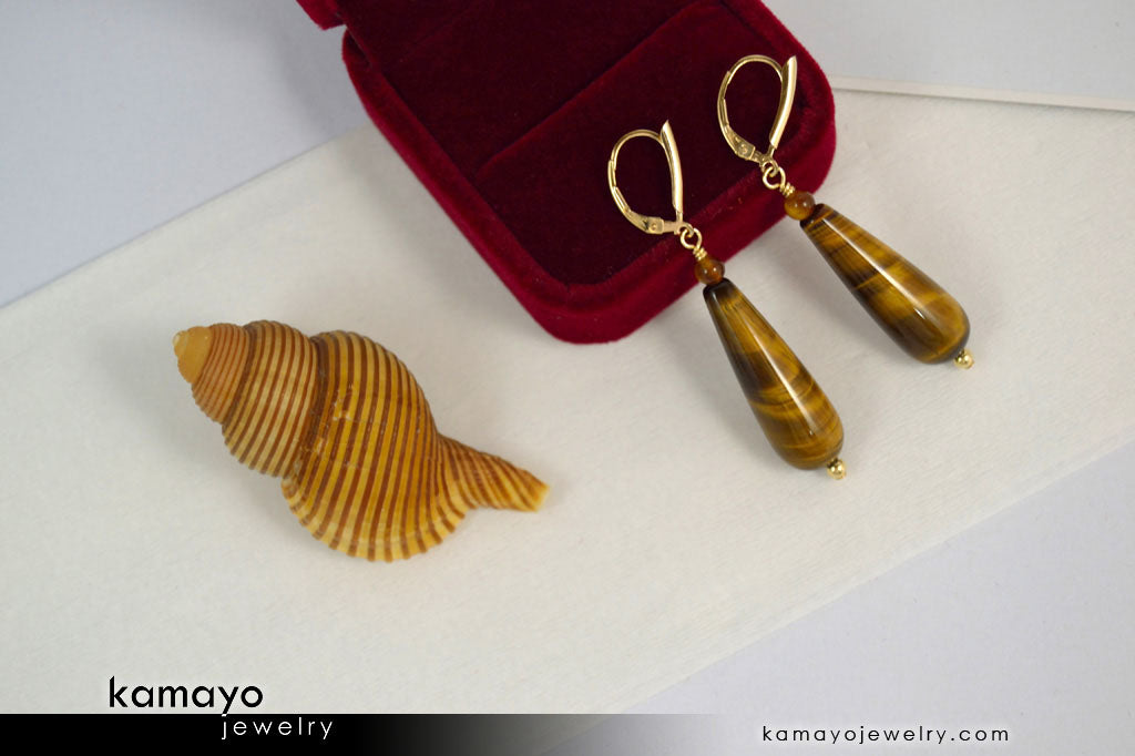 TIGER EYE EARRINGS - Long Drop Ear Rings for Women
