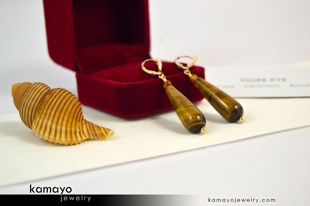 TIGER EYE EARRINGS - Long Drop Ear Rings for Women
