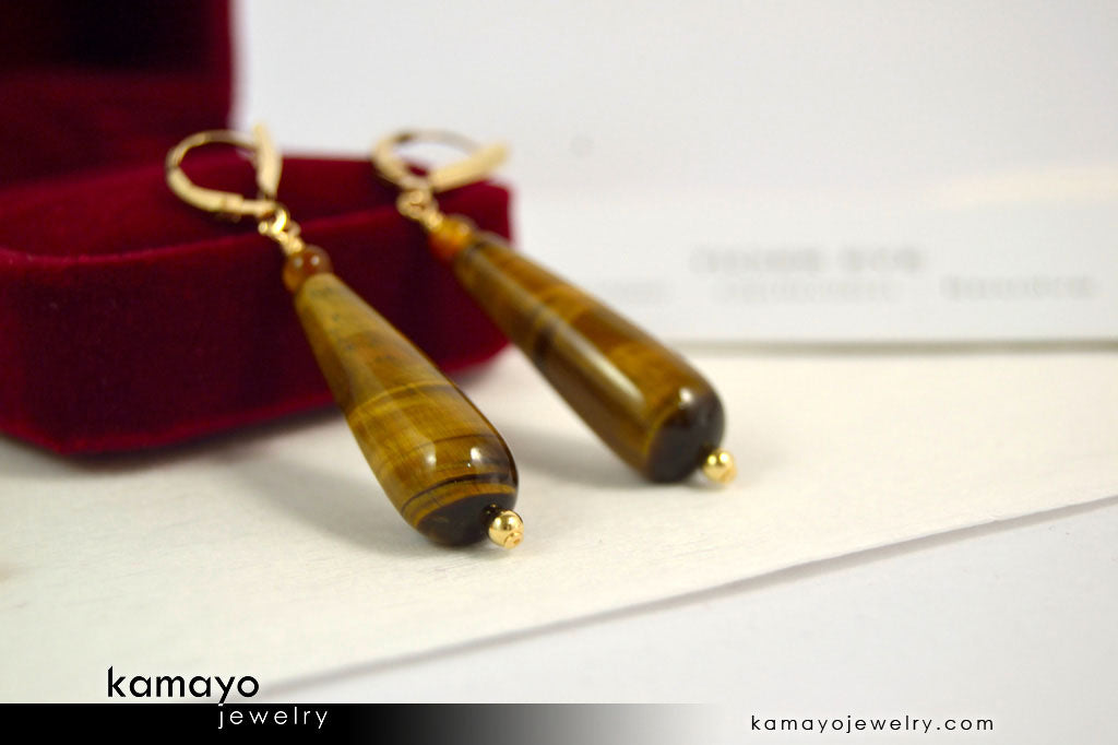 TIGER EYE EARRINGS - Long Drop Ear Rings for Women