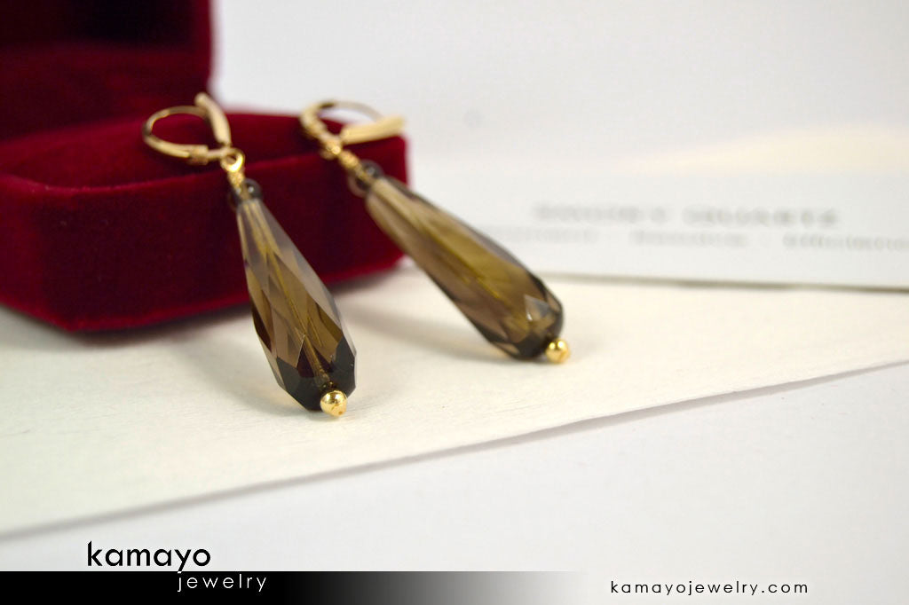 SMOKY QUARTZ EARRINGS - Long Drop Ear Rings for Women