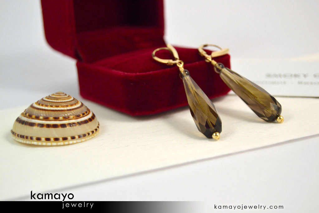 SMOKY QUARTZ EARRINGS - Long Drop Ear Rings for Women