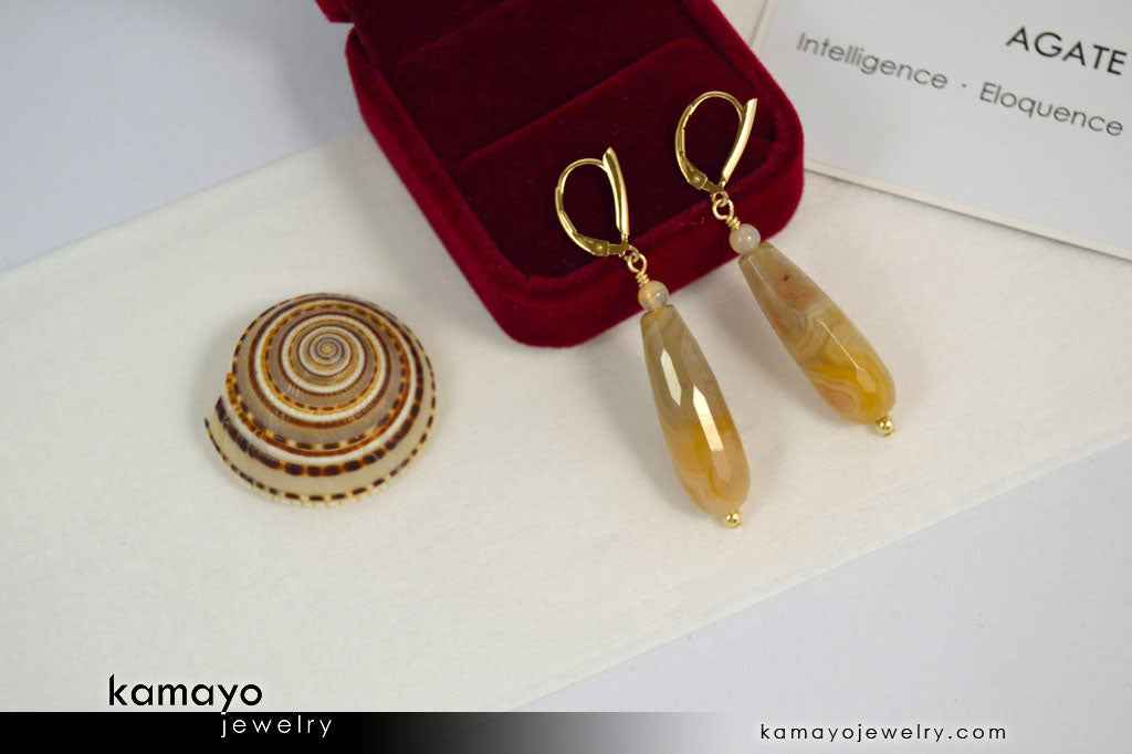 YELLOW AGATE EARRINGS - Long Drop Ear Rings for Women