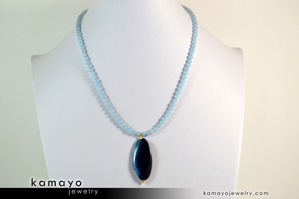 BLUE AGATE NECKLACE - Long Oval Blue Agate Pendant