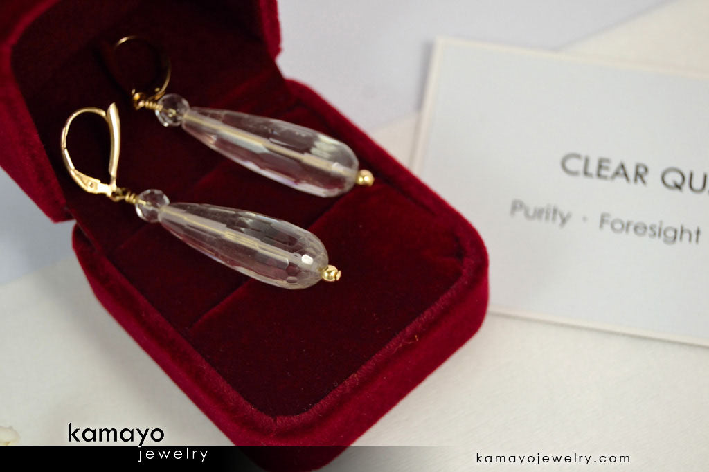 CLEAR QUARTZ EARRINGS - Long Drop Ear Rings for Women