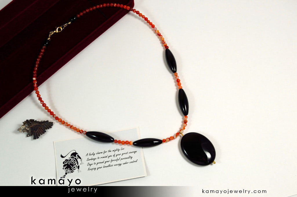 LEO NECKLACE - Large Black Onyx Pendant and Sardonyx Beads
