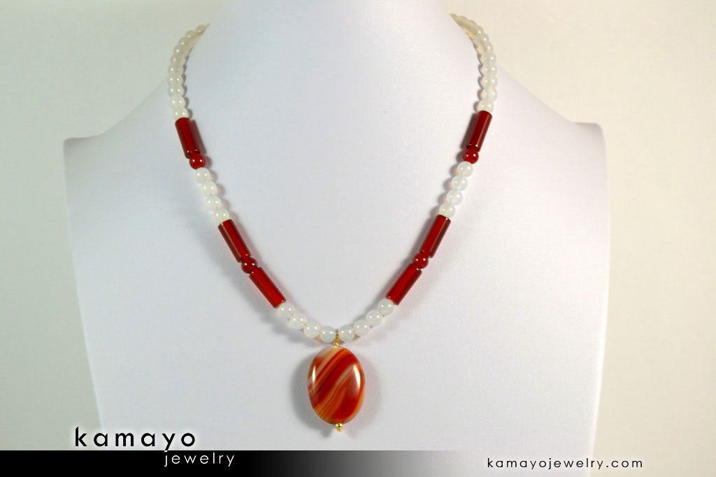 SARDONYX NECKLACE - Oval Red Sardonyx Pendant and White Onyx Beads