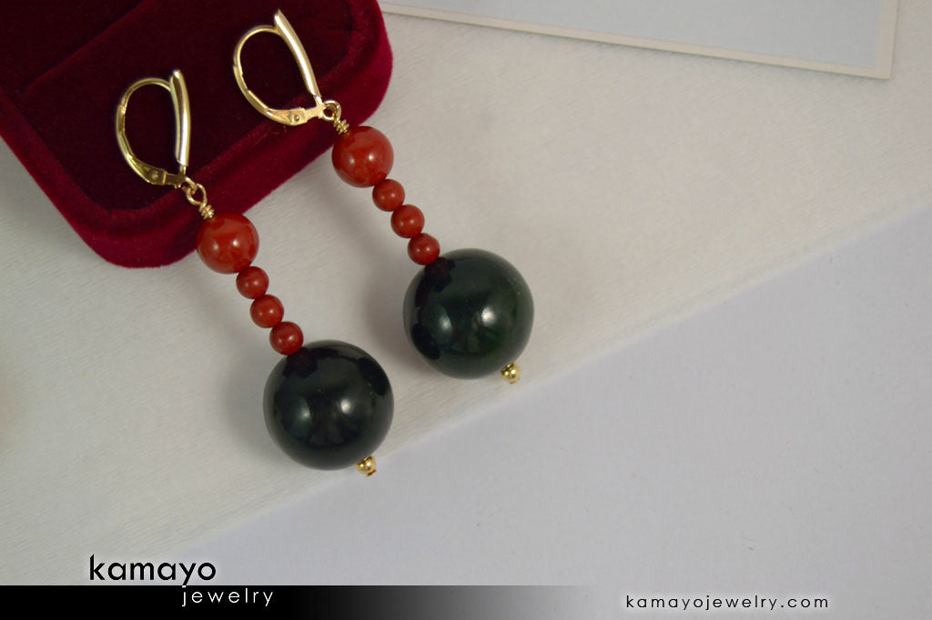 ARIES EARRINGS - Large Green Jasper Ball and Small Red Jasper Beads
