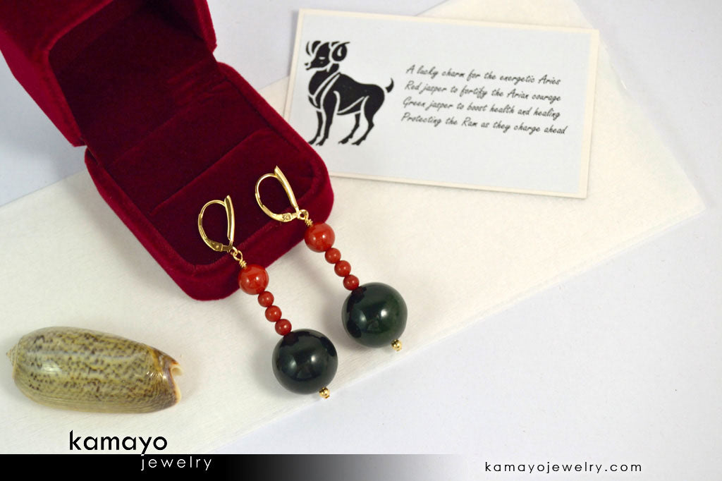 ARIES EARRINGS - Large Green Jasper Ball and Small Red Jasper Beads